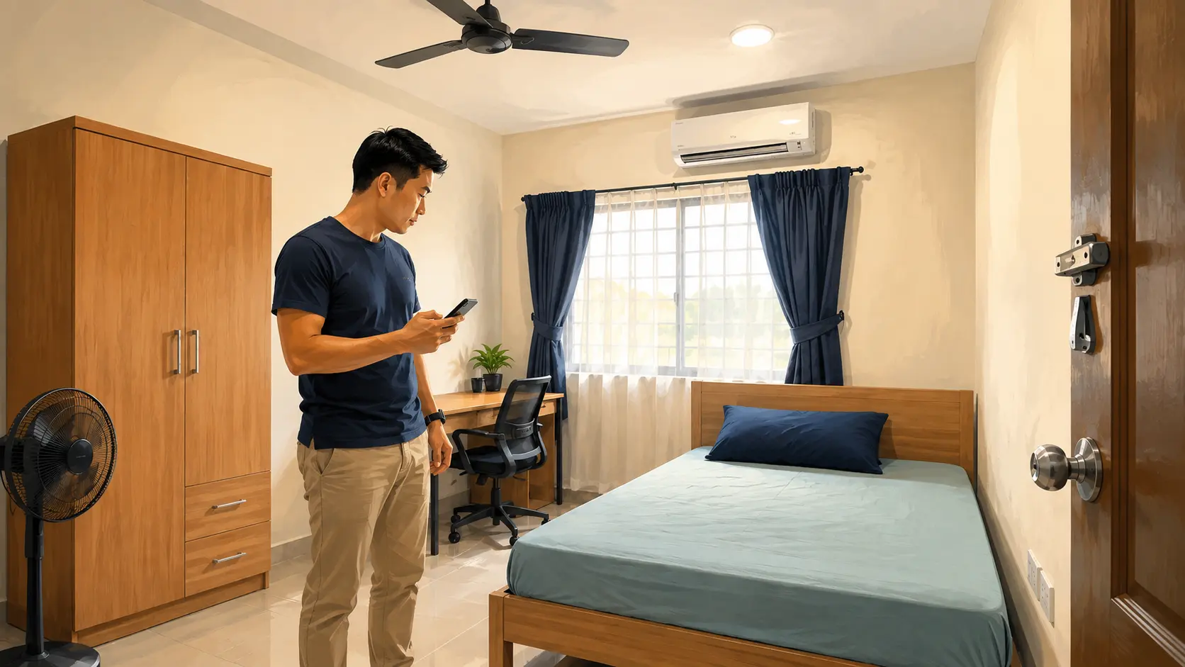 A Malaysian homeowner inspecting a clean furnished spare bedroom before offering it for long-term rent.